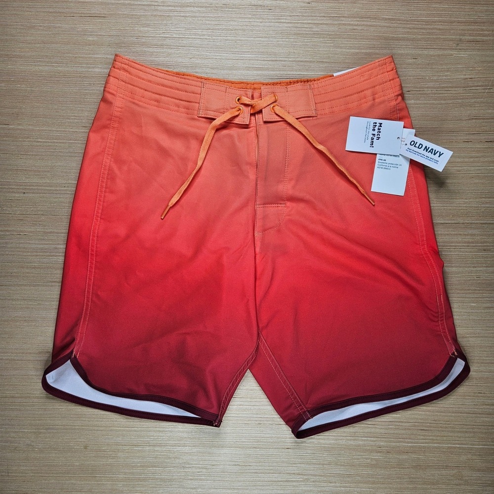 Old Navy Men Swim Trunks Board Shorts Orange Red Ombre Size 28 Built-in Flex NEW